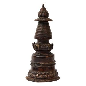 Brass Buddhist Bell Shapoed like a Stupa or Pagoda on Stand with