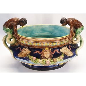 A Hugo Lonitz Majolica double handled jardiniere, oval form&hellip;