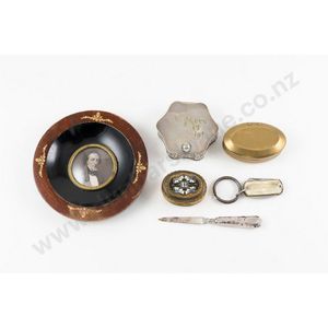 Two brass snuff boxes together with mixed lot of silverplate…