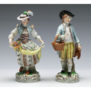 Pair of Dresden figurines of a man with Chickens and eggs,…