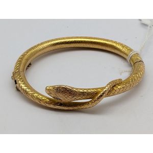 Vintage Enameled Snake Bangle Bracelet w/ Ruby Eyes Heavy 14K