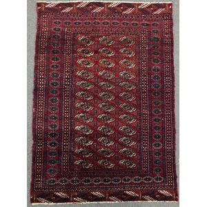 Turkish Bokhara design rug triple rows of gols on red ground,…