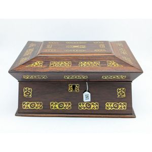 An antique rosewood sewing box with contents