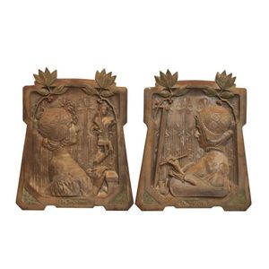 Pair of Art Nouveau cast iron plaques, La Peinture' and 'La…