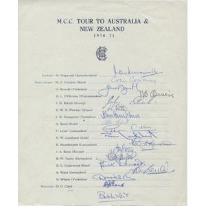 1970-71 MCC Tour to Australia & NZ official team sheet with 18…
