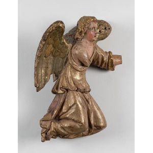 An antique polychrome and giltwood carved figure of an angel,…
