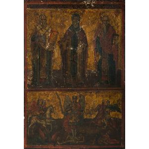 Early Greek Orthodox icon. two sections including three saints…