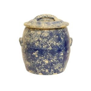 Bread crock, Bosley pottery with blue sponge glaze, height 33 cm