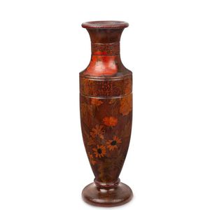 Australian huon pine pokerwork vase with opium poppy decoration,…