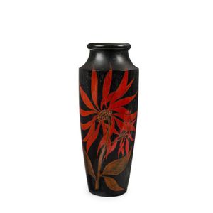 Australian huon pine pokerwork vase with floral decoration,…