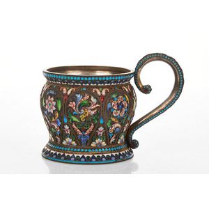 Russian silver-gilt and enamel tea cup holder, mark in Cyrillic…