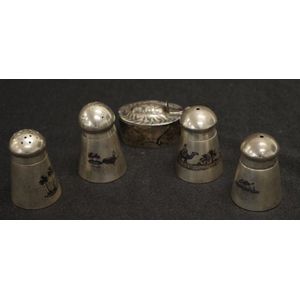 Five silver niello decorated condiment pieces including set…