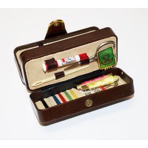 Early leather sewing box leather covered box, opening to three…