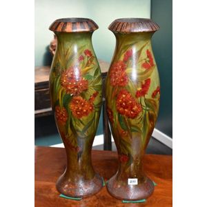 Pair of pokerwork vases, hand painted with red blossoms height…