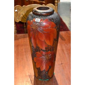 A rare Houn pine pokerwork vase 'Red Pointsettia' height 45 cm