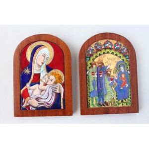 Two framed enamel religious Icons, by Kamilla Szakos, on copper,…