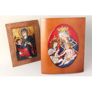Two framed enamelled religious Icons, by Kamilla Szakos, on…