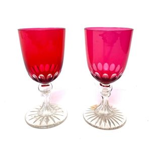 Ruby Red Clear Stemmed Wine Glass Goblets Embossed Raised Swirl - Ruby Lane