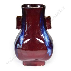 Chinese Oxblood Red on Blue Flambe Glaze Vase. newest Elephant Handles, Rings. Marked