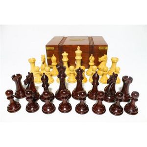 Weighted Staunton chess pieces in brass bound box, King: 10 cm.…