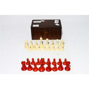 Ivory chess set in mahogany box with leather chess board, ex…