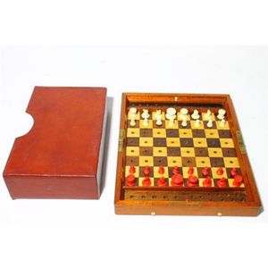 A Jacques fold over chess set in leather slip cover, S. Pauden…