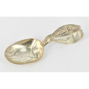 An American sterling silver baby spoon, featuring 'Who killed…