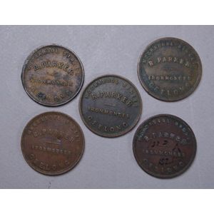 Five 19th century Australian penny tokens R. Parker Iron Monger…