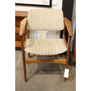 Scandinavian High Back Chair in Oak and Green Striped Upholstery