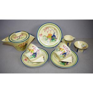 Eight piece Clarice Cliff Wilkinson teaset, designed by Clarice…