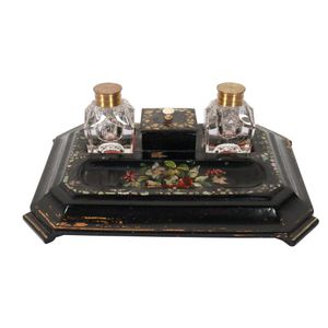 Lacquerware desk set 19th century, mother of pearl, inset glass…