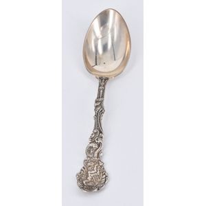 An American sterling silver Infant spoon, monogrammed Lr, well…