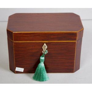 George III casuarina tea caddy, strung in boxwood, with diamond…
