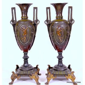 A pair of French spelter urn vases, circa 1900, with Art…
