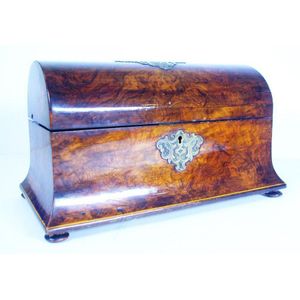 Large mid-Victorian burr walnut tea caddy on flat bun feet, the…