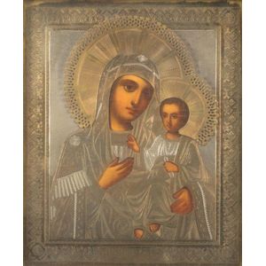 A Russian Icon of the Mother of God, 19th century with silver…