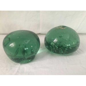 Two Green Nailsea glass dump weights, 19th century, tallest: 12…