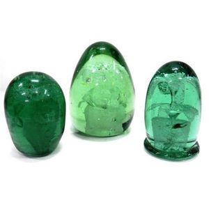 Three c.19th century green glass dump paperweight, control…