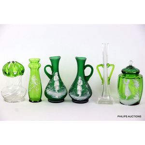 Six green themed glass items including Mary Gregory, 19th to…