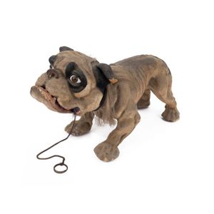 An antique French papier mache, growler, bulldog childs pull…