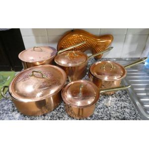 Five graduated copper pans with brass handles largest measures…