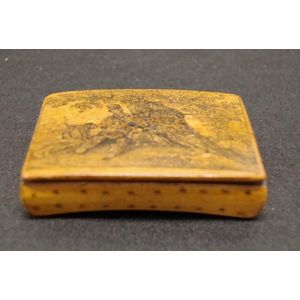 Antique decorated wood snuff box lid with painted hunter figure…