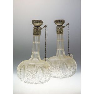 Pair late 19th century wine decanters, compressed circular…