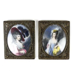 A pair of miniature paintings on ivory, two women painted in…