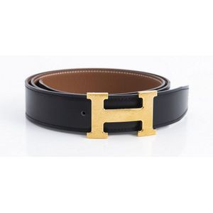 Black Leather Hermes 'H' Belt with Gold Buckle - Belts - Costume ...