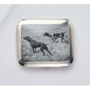 An enamelled sterling silver cigarette case, decorated with two…