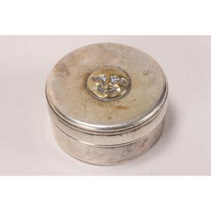 Novelty silver plate trinket box and cover, of cylindrical form,…