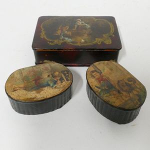 Three 19th century papier mache snuff boxes, with transfer…