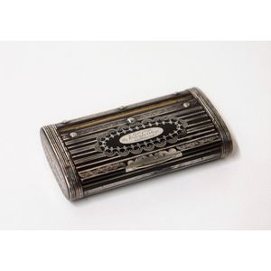 A Victorian horn and fancy silver inlaid snuff box, oval…