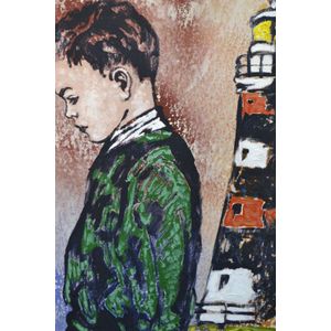 David Bromley 'Boy with Lighthouse' oil on canvas, signed lower…
